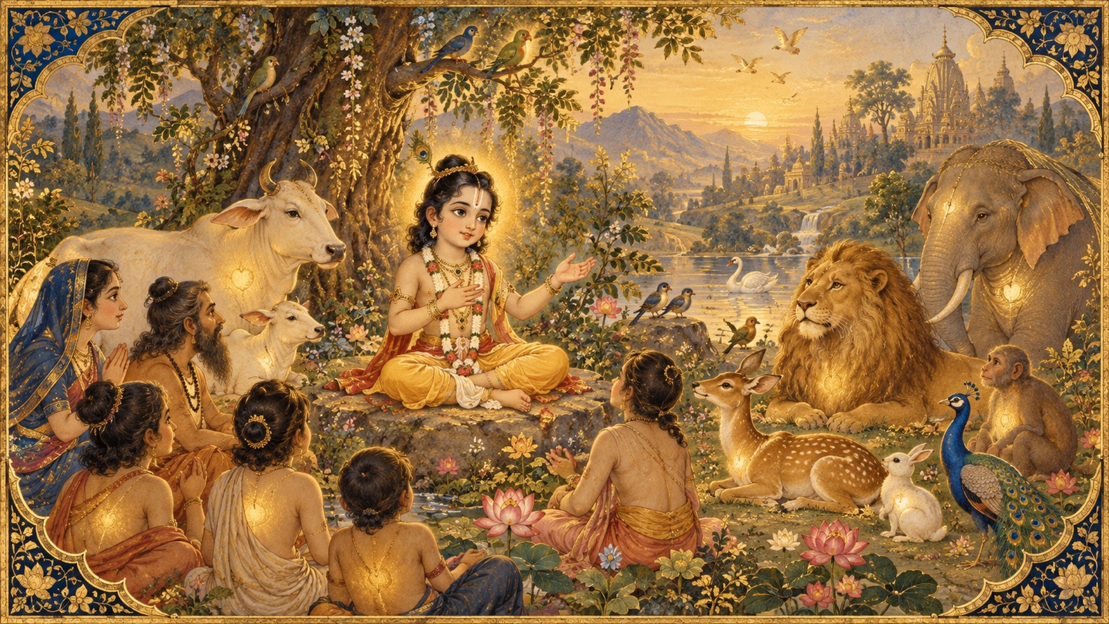 A vision of the one Lord present within all beings, high and low, with Prahlada teaching compassion to all creatures