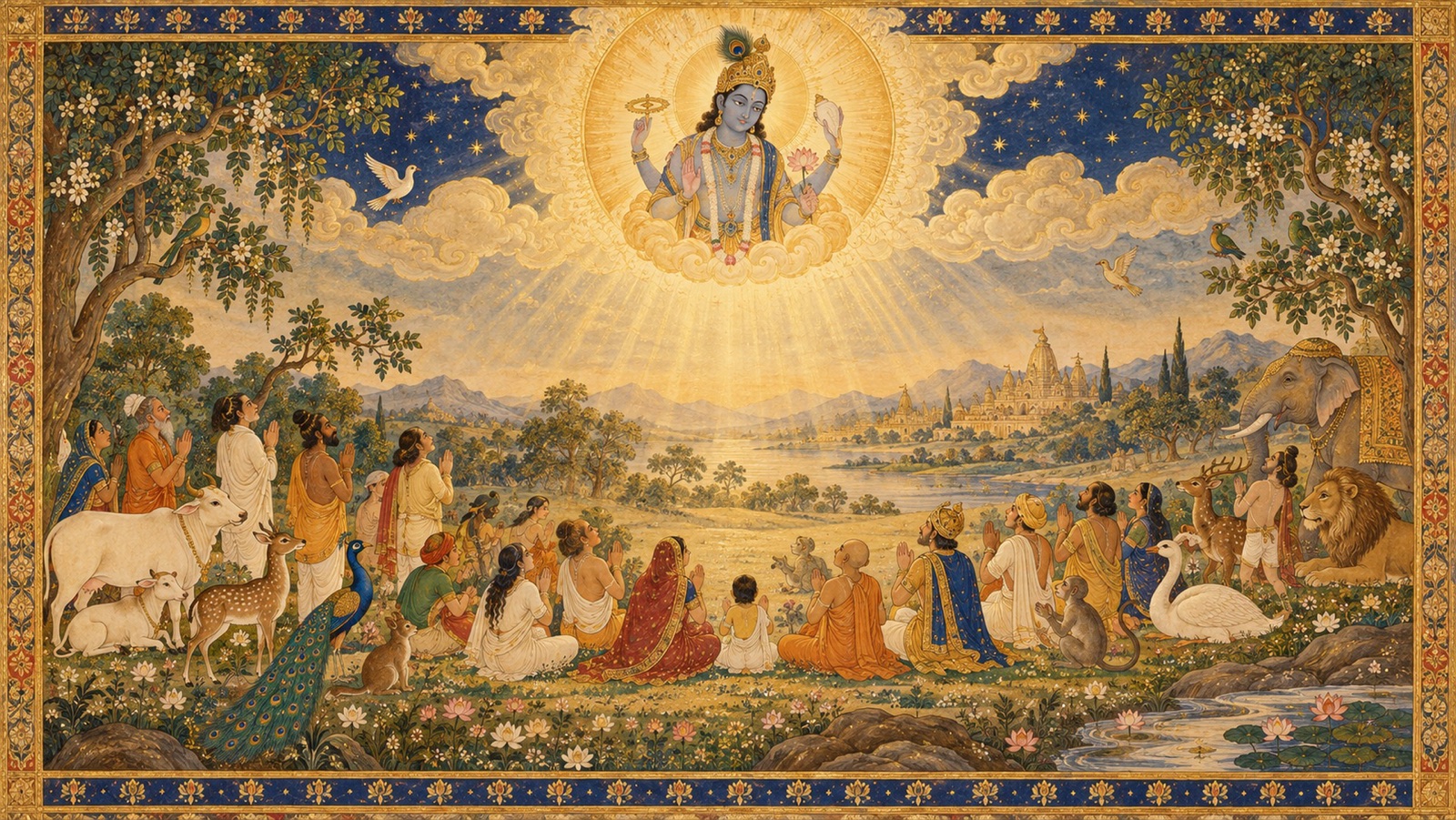 विविध प्राणियों का समागम — मनुष्य, पक्षी तथा पशु — प्रत्येक शुद्ध भक्ति से भगवान् को प्राप्त करते हुए