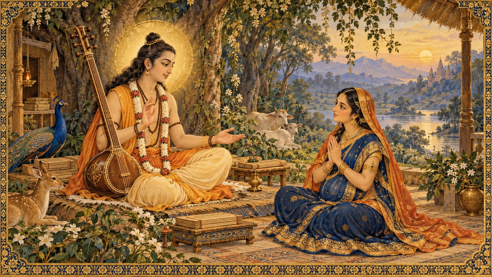 ऋषि नारद अपने आश्रम में प्रह्लाद की माता को सिखाते हुए जब वह गर्भस्थ शिशु को धारण किए है