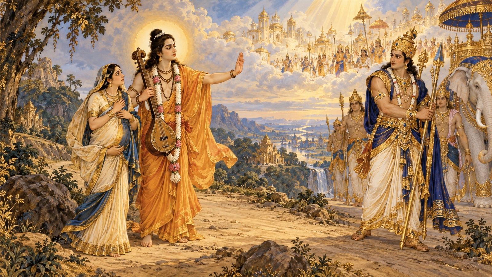 The sage Narada intervening as Indra holds Prahlada's captive mother on the road