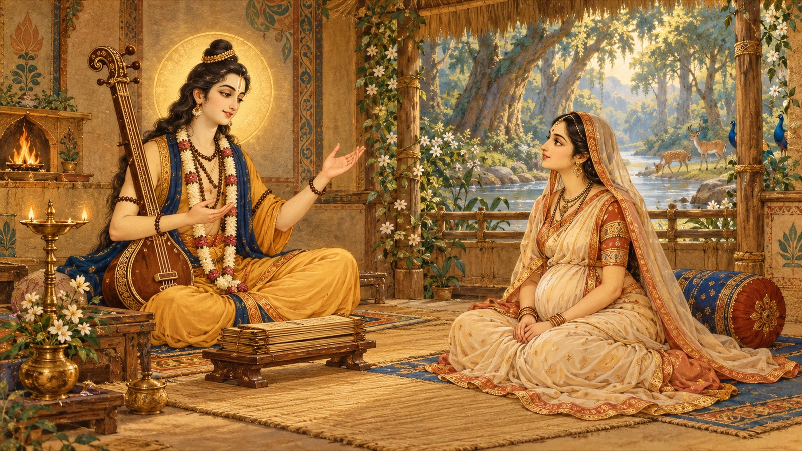 Narada teaching Prahlada's mother the science of the soul in his peaceful hermitage