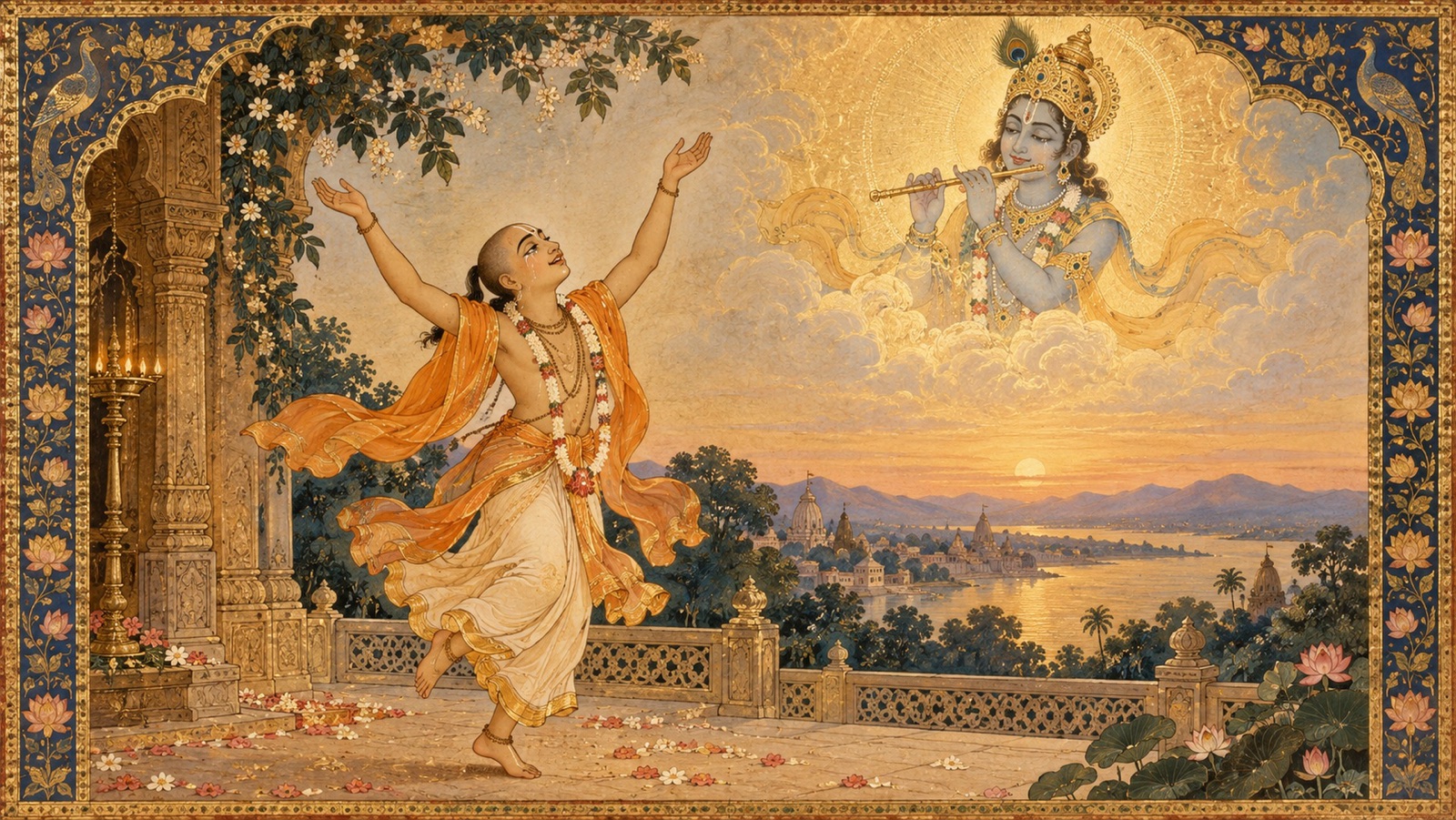 A devotee lost in ecstatic love, singing and dancing with tears of joy in remembrance of the Lord