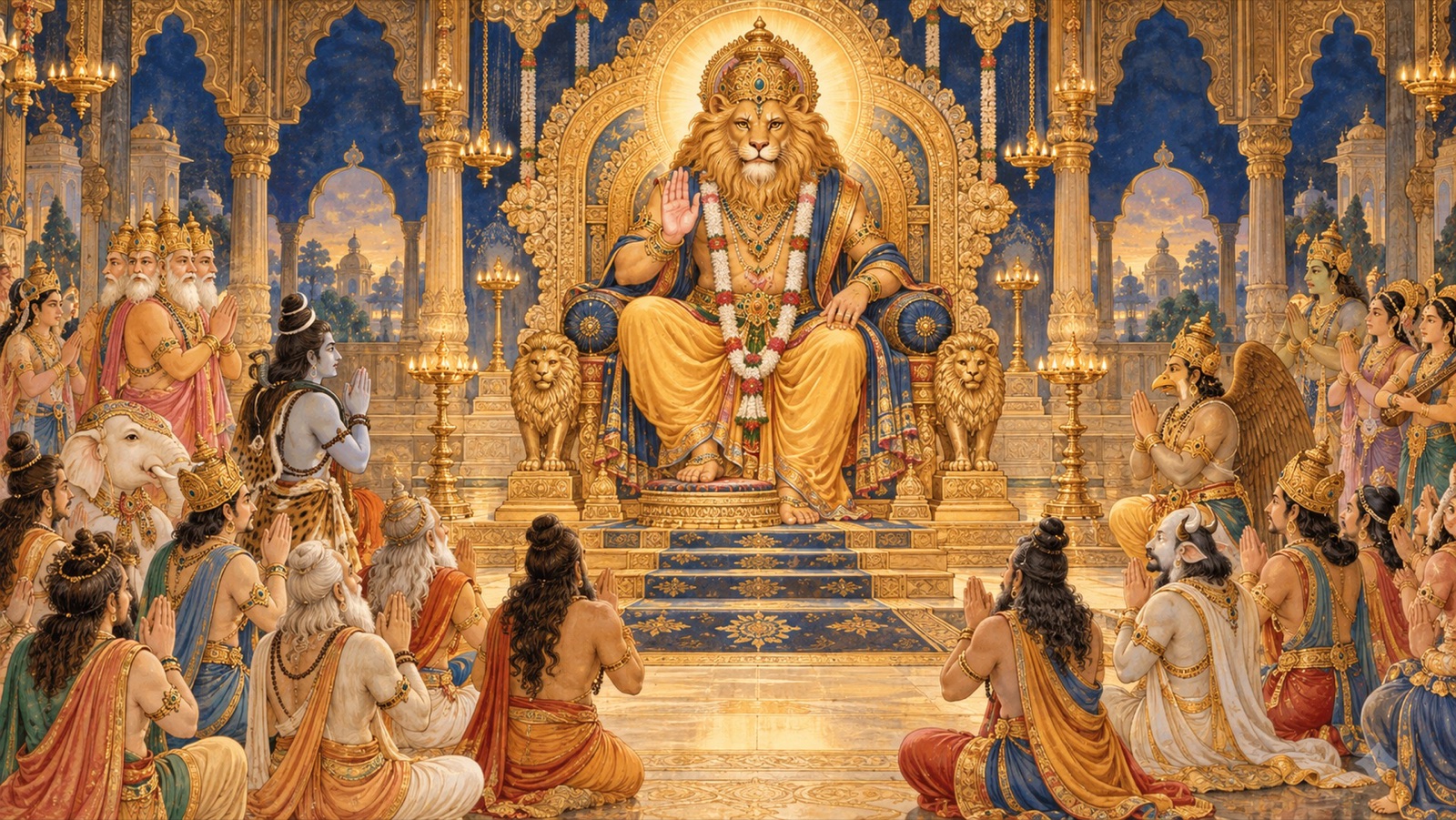 ब्रह्मा, रुद्र, इन्द्र तथा स्वर्ग के गण जुड़े हाथों से भगवान् नृसिंह को प्रार्थना अर्पित करते हुए
