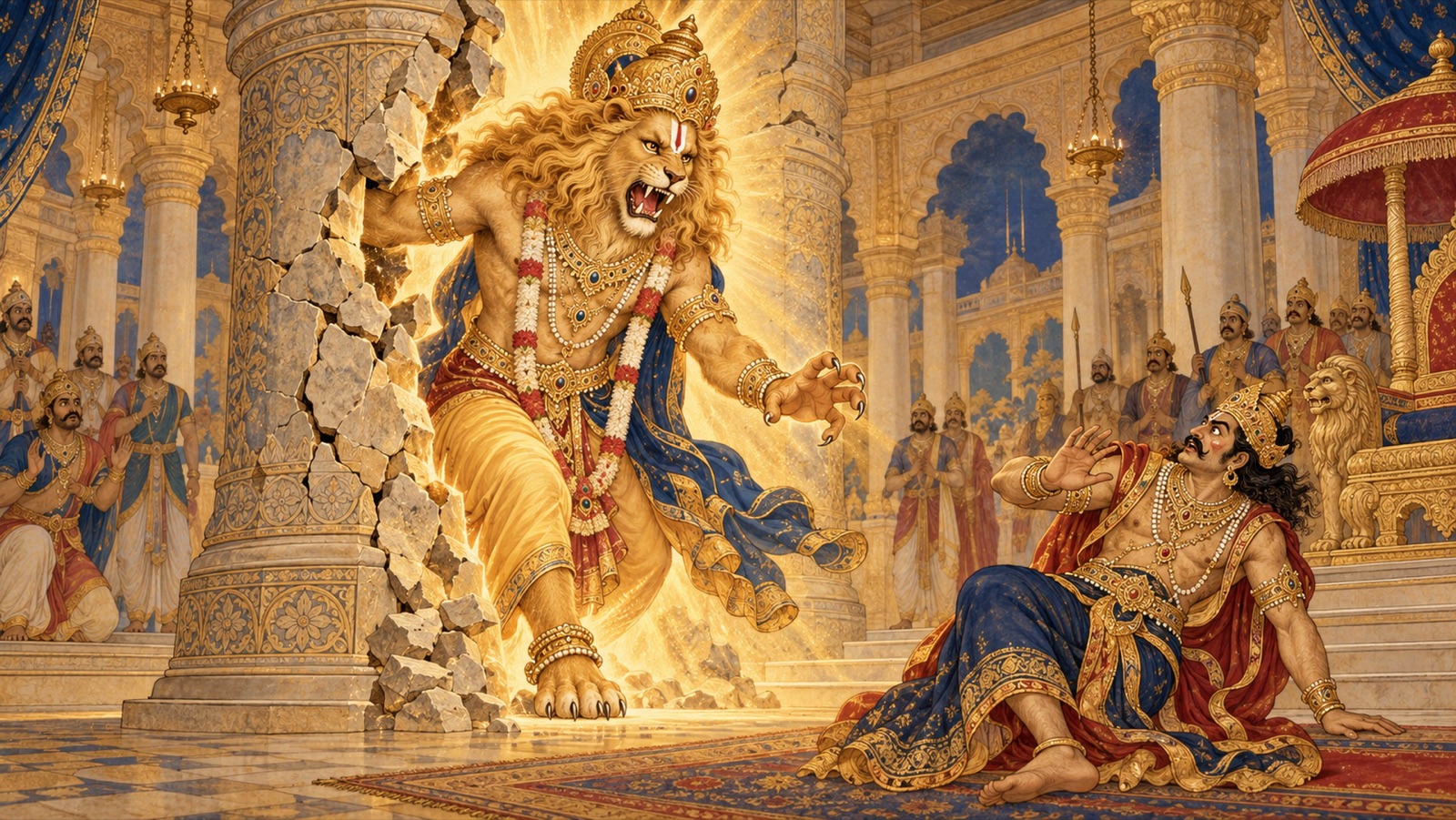 भगवान् नृसिंह हिरण्यकशिपु के दरबार में खम्भे से प्रकट होते हुए