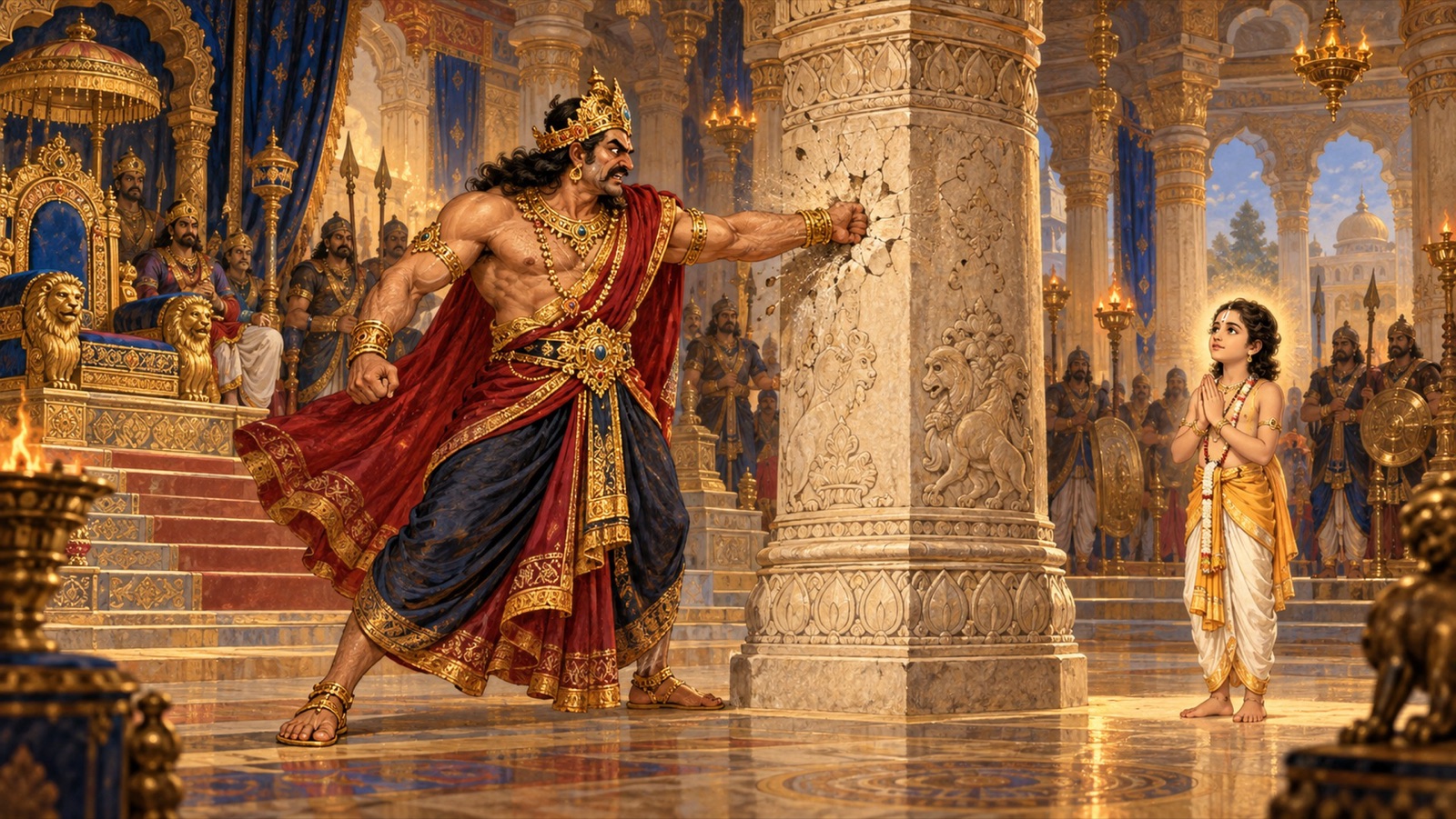 Hiranyakasipu striking the great pillar of his court in fury