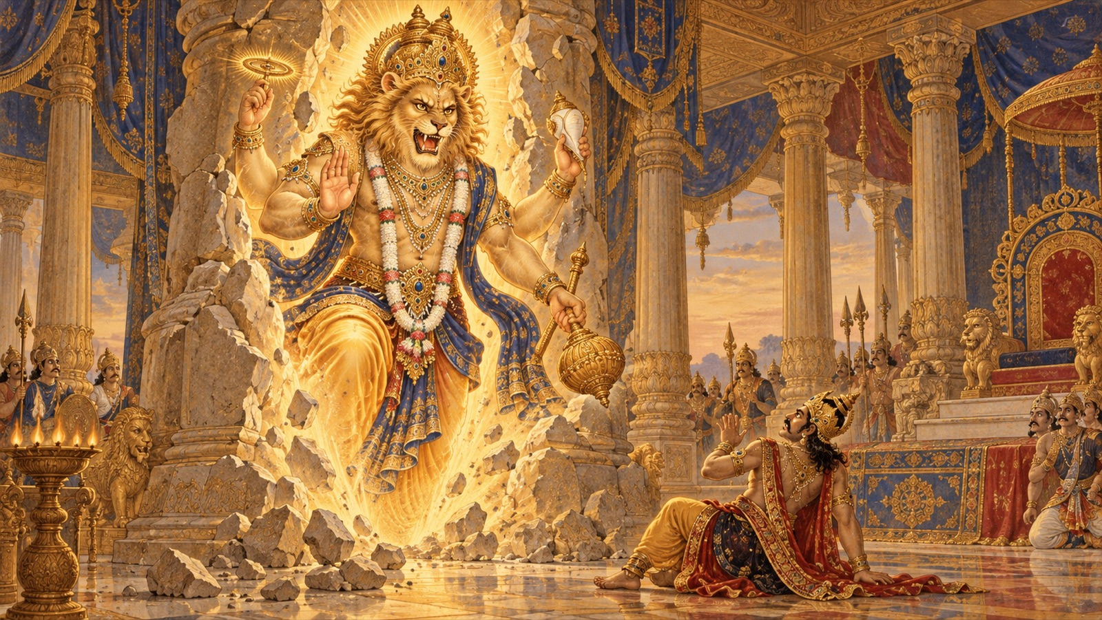 The Lord Narasimha emerging from the pillar as Hiranyakasipu looks on in astonishment