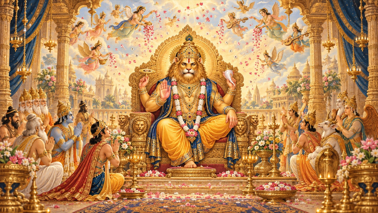 The Lord Narasimha seated upon the throne as celestials rain down flowers