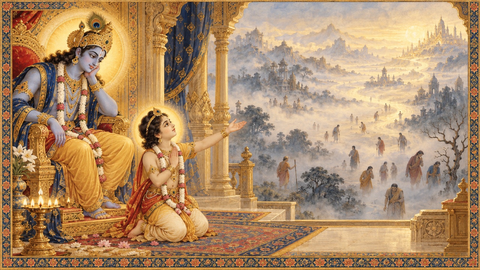 Prahlada praying with compassion for all wandering souls before the Lord