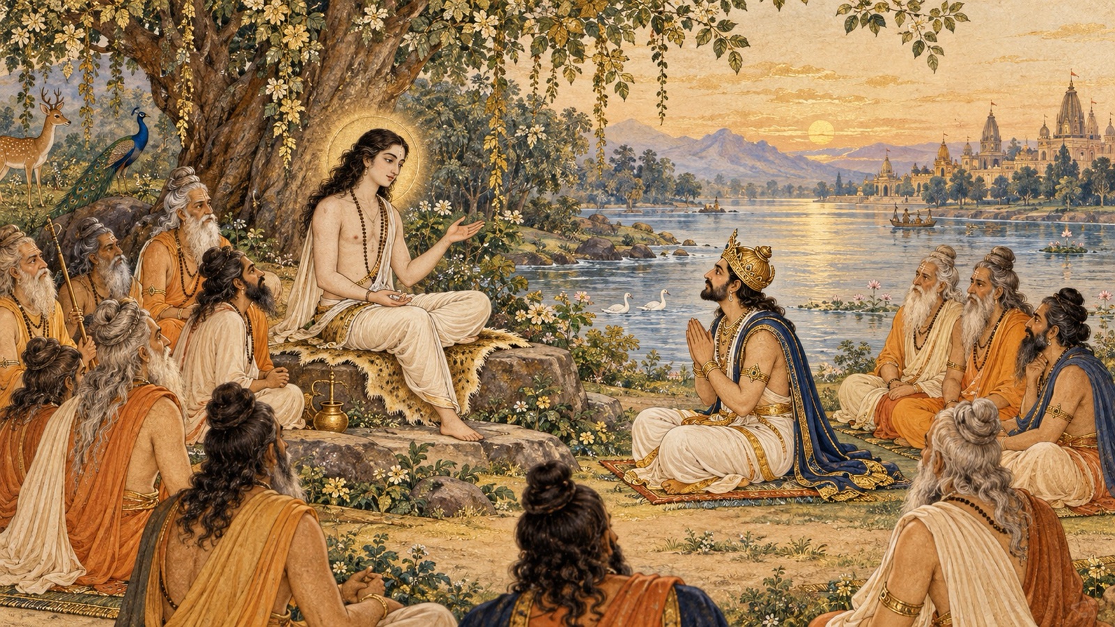 गंगा-तट पर श्रीशुकदेव गोस्वामी के समक्ष बैठे राजा परीक्षित, ऋषियों से घिरे हुए, मनुओं के विषय में पूछते हुए