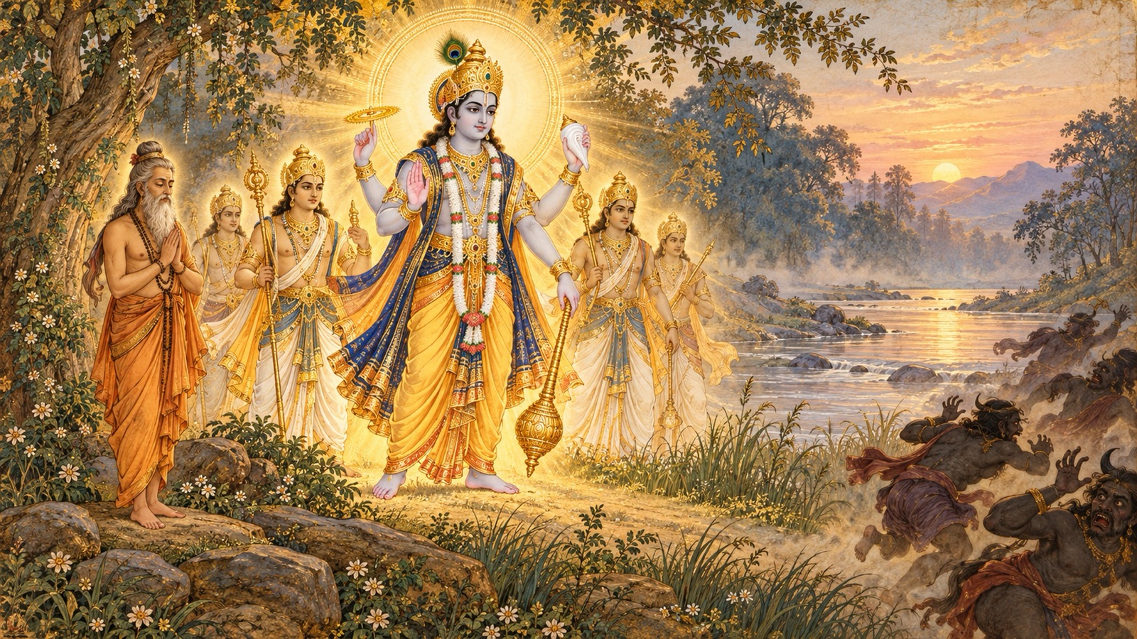 The Lord as Yajna surrounded by the Yama gods defending the meditating Swayambhuva Manu from attacking demons