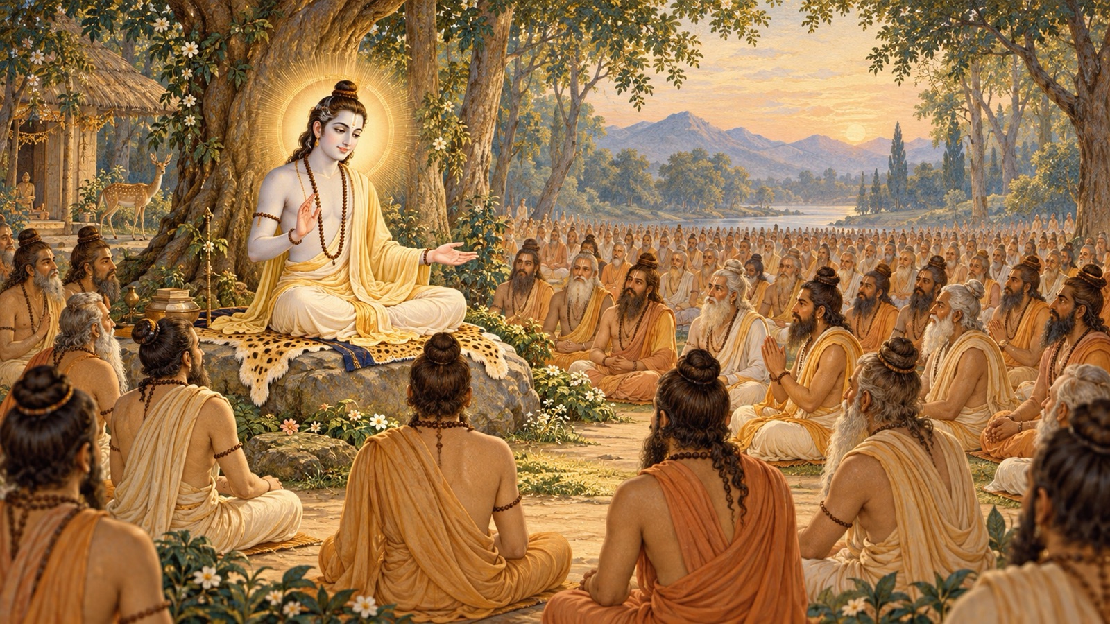 The Lord as Vibhu, a serene renunciant, followed by a great assembly of sages who have taken vows of austerity