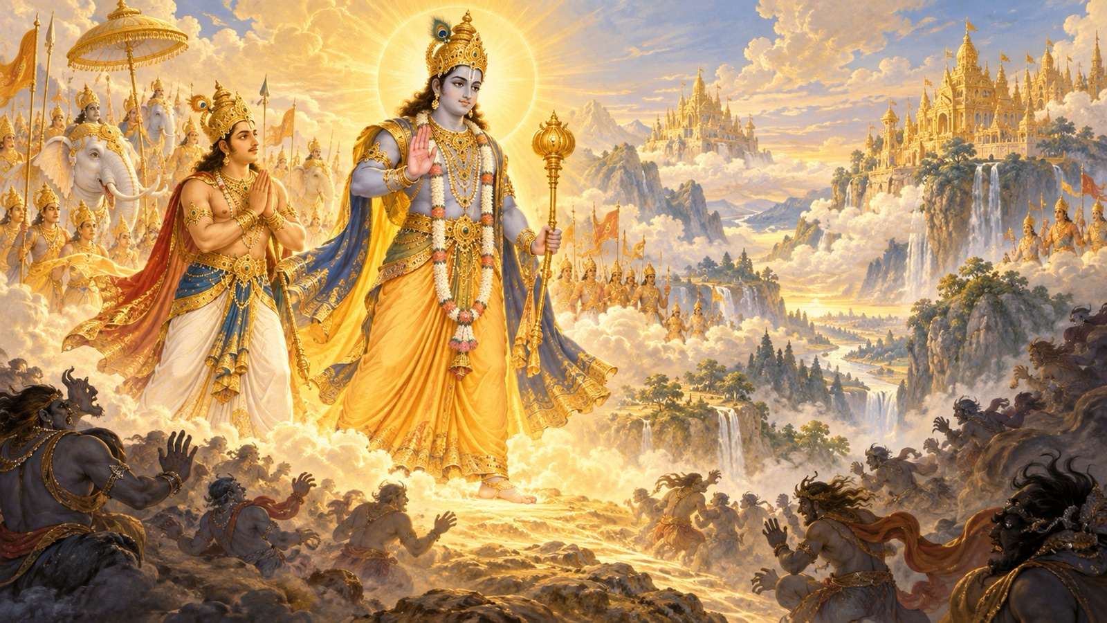 The Lord as Satyasena with Indra Satyajit subduing wicked Yakshas and evil spirits who trouble living beings