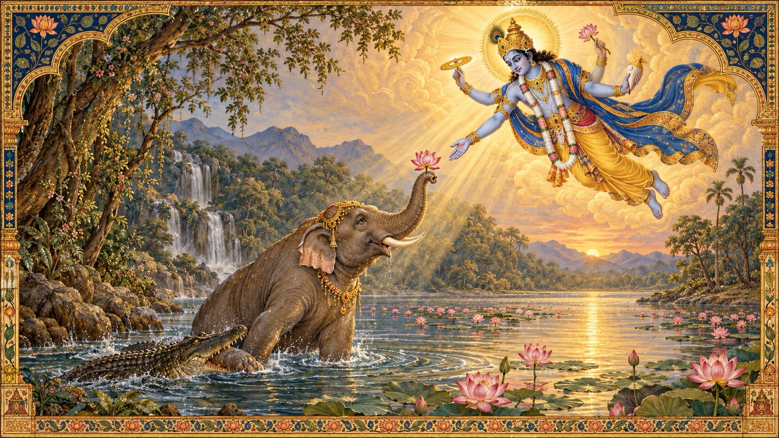 The Lord as Sri Hari reaching down to deliver the king of elephants caught by an alligator at a lake