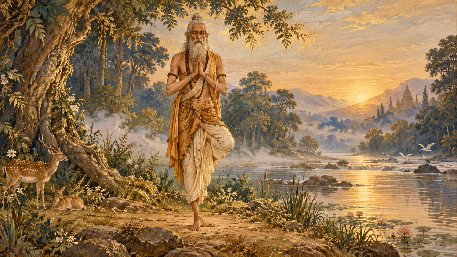 Emperor Swayambhuva Manu standing on one foot in deep austerity on the bank of the river Sunanda
