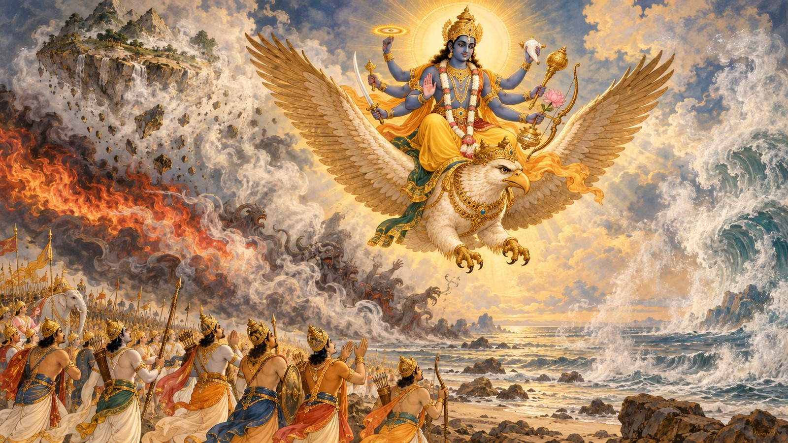 अष्टभुज भगवान गरुड़ पर, असुरों द्वारा रचे पर्वत, अग्नि और जल-प्रलय विलीन होते हुए