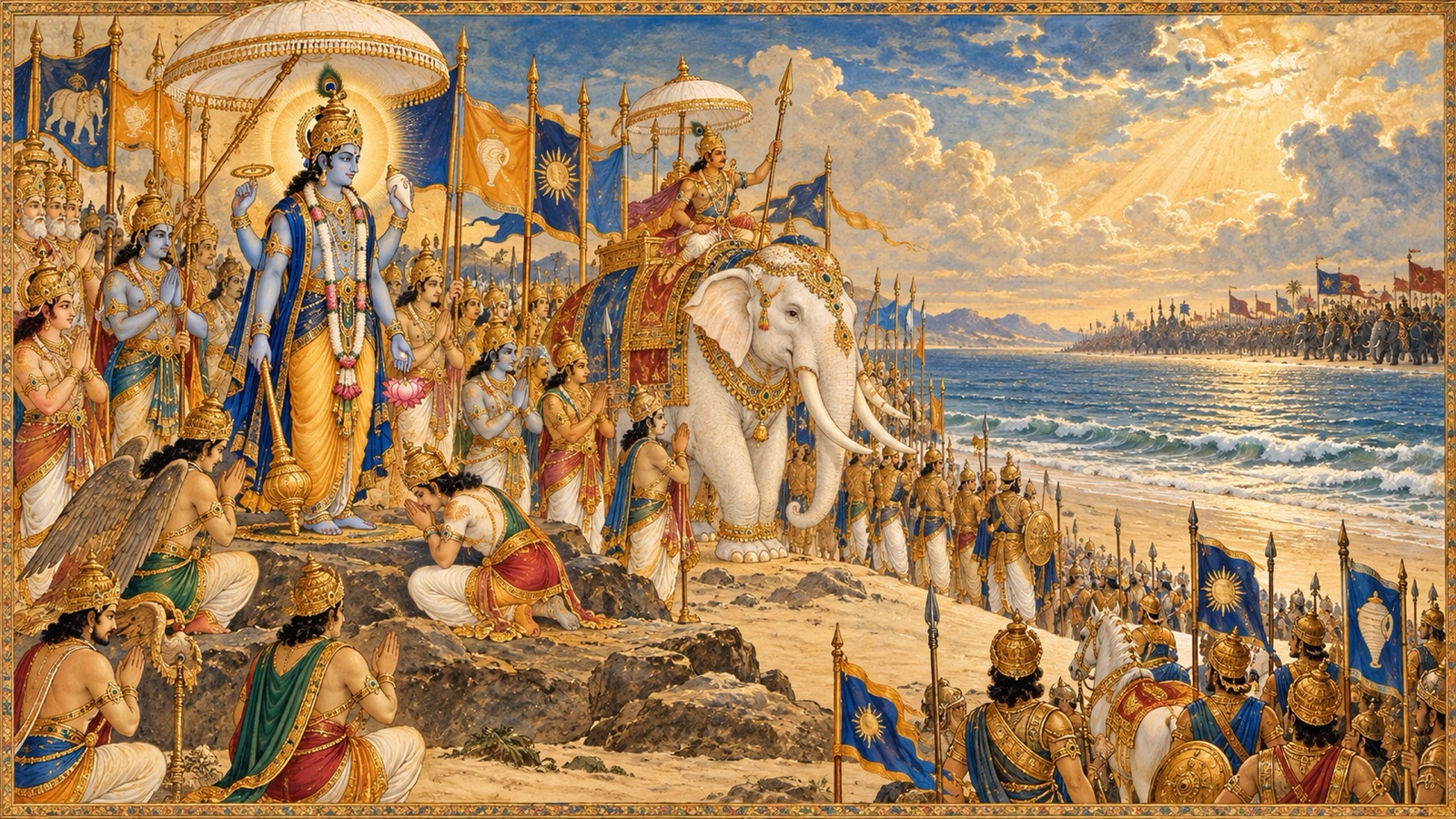 The gods arraying their forces and resisting the demons while taking shelter at the feet of Narayana