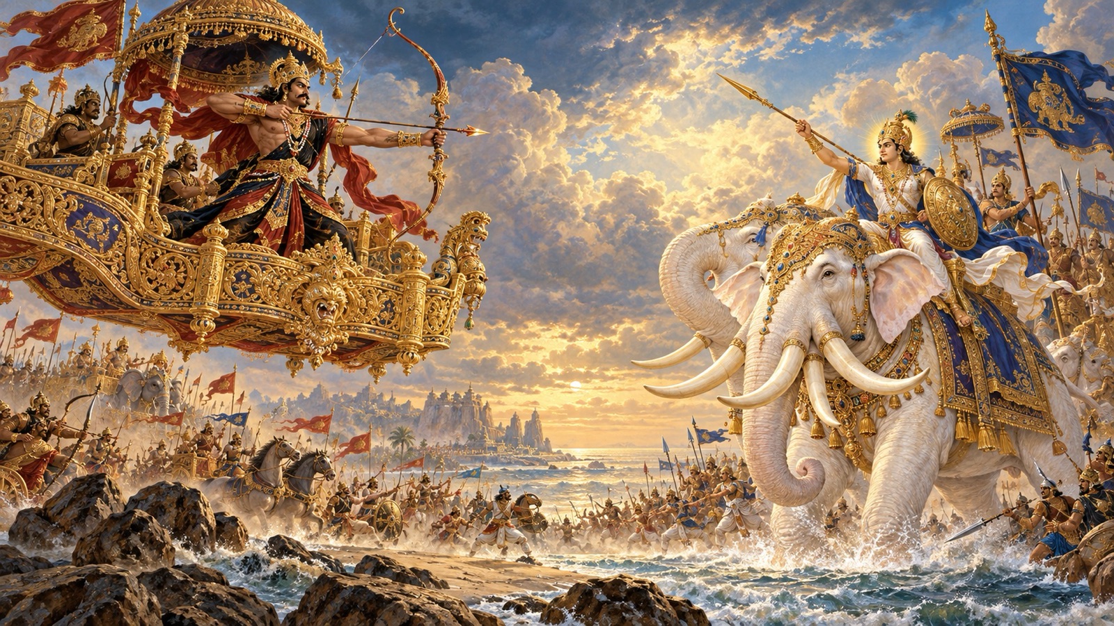The demon king Bali meeting Indra in single combat as the great champions pair off