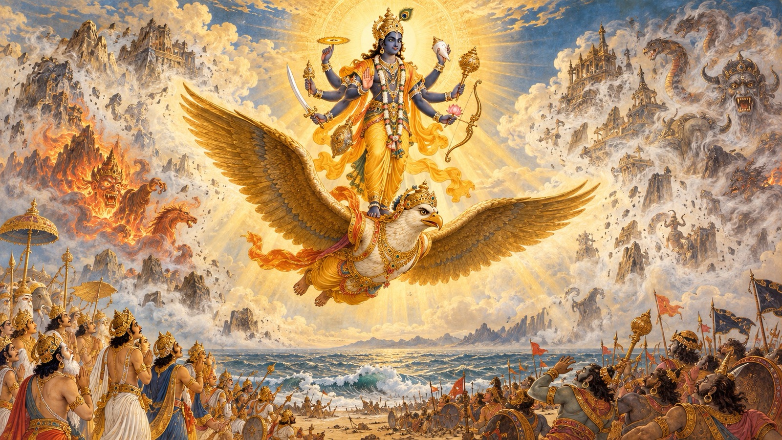 The eight-armed Lord appearing upon Garuda over the battlefield as the demons' conjured illusions dissolve