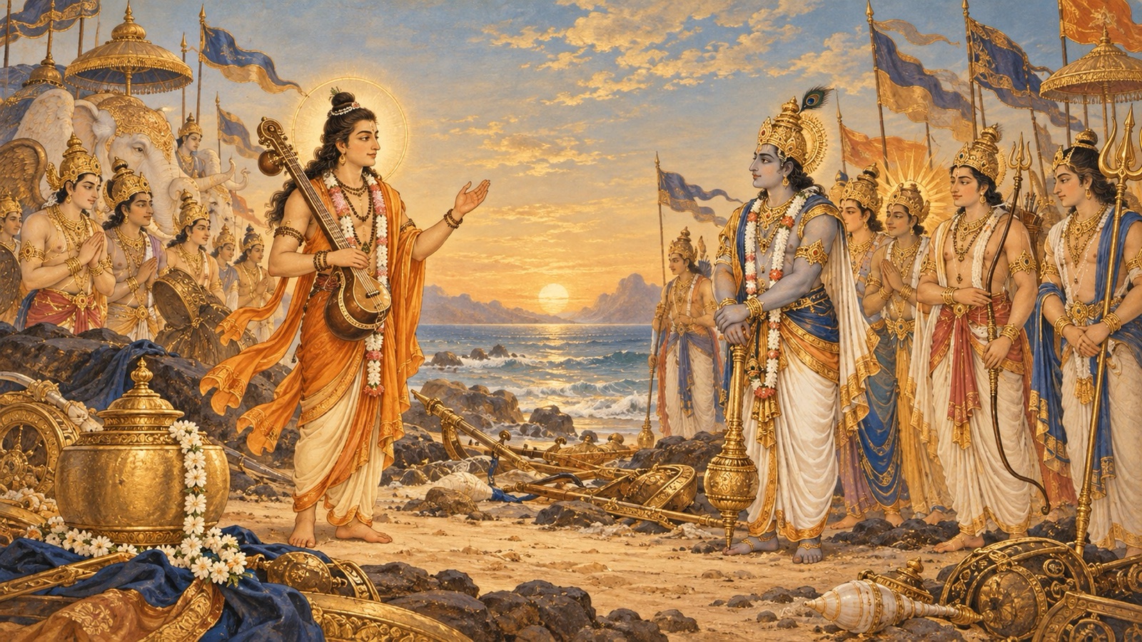 ऋषि नारद विजयी देवताओं को अस्त्र त्यागकर युद्ध रोकने का परामर्श देते हुए