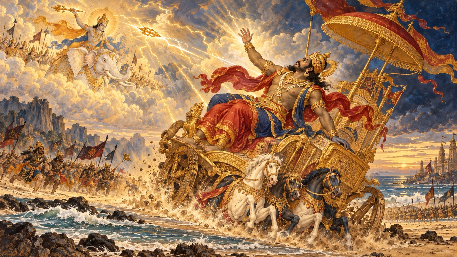 The demon king Bali falling to the earth with his chariot, struck by Indra's thunderbolt