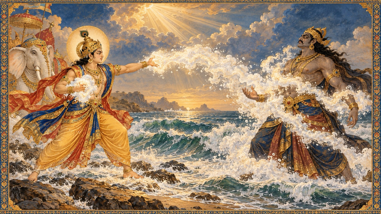 Indra slaying the boon-protected demon Namuci with the foam of the sea as an unseen voice guides him