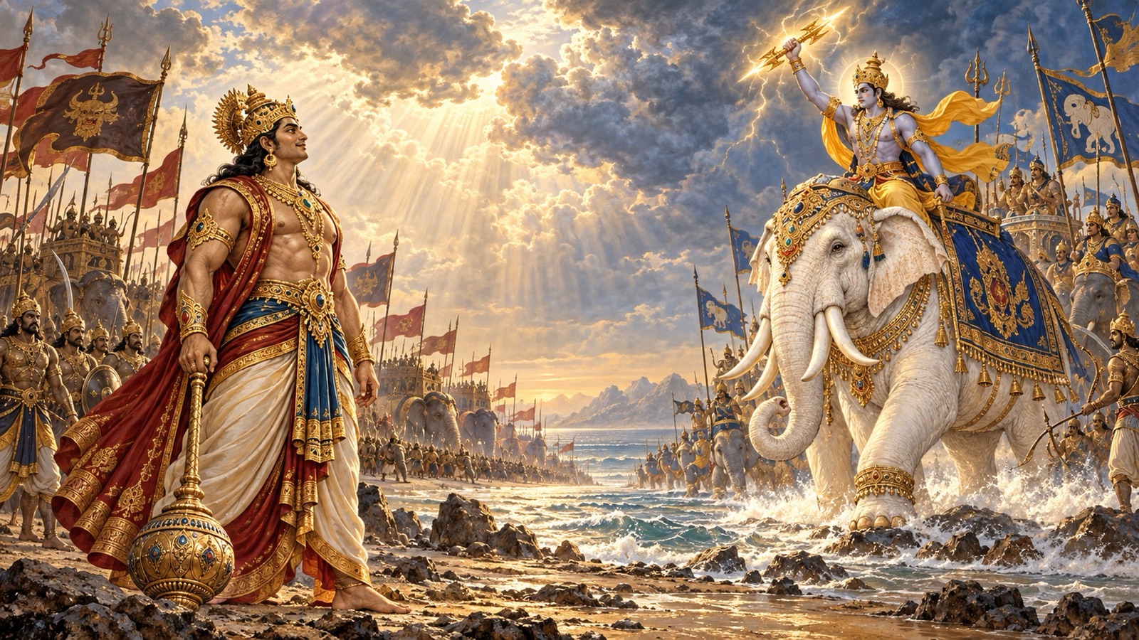 The demon king Bali standing fearless and composed as Indra raises his thunderbolt against him