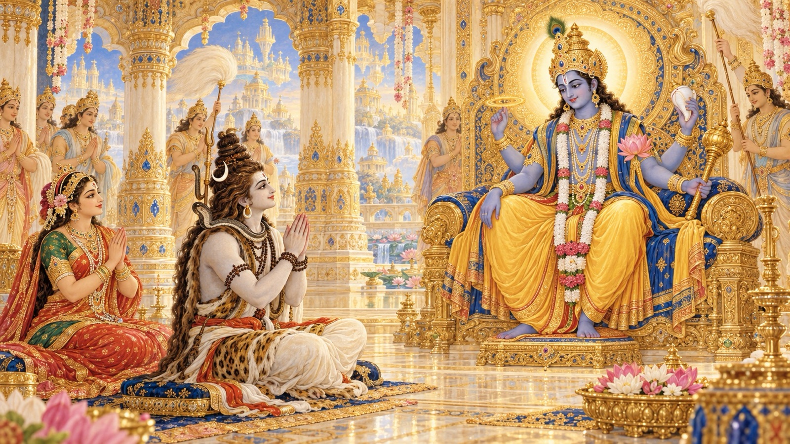 भगवान शिव वैकुण्ठ में विराजमान भगवान विष्णु को श्रद्धापूर्वक स्तुति अर्पित करते हुए