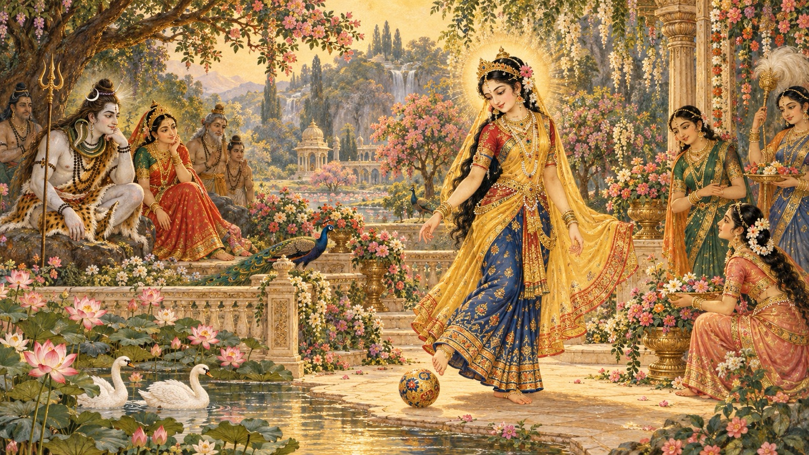 एक पुष्पित उद्यान में भगवान का गरिमामय मोहक रूप प्रकट होता हुआ, भगवान शिव देखते हुए