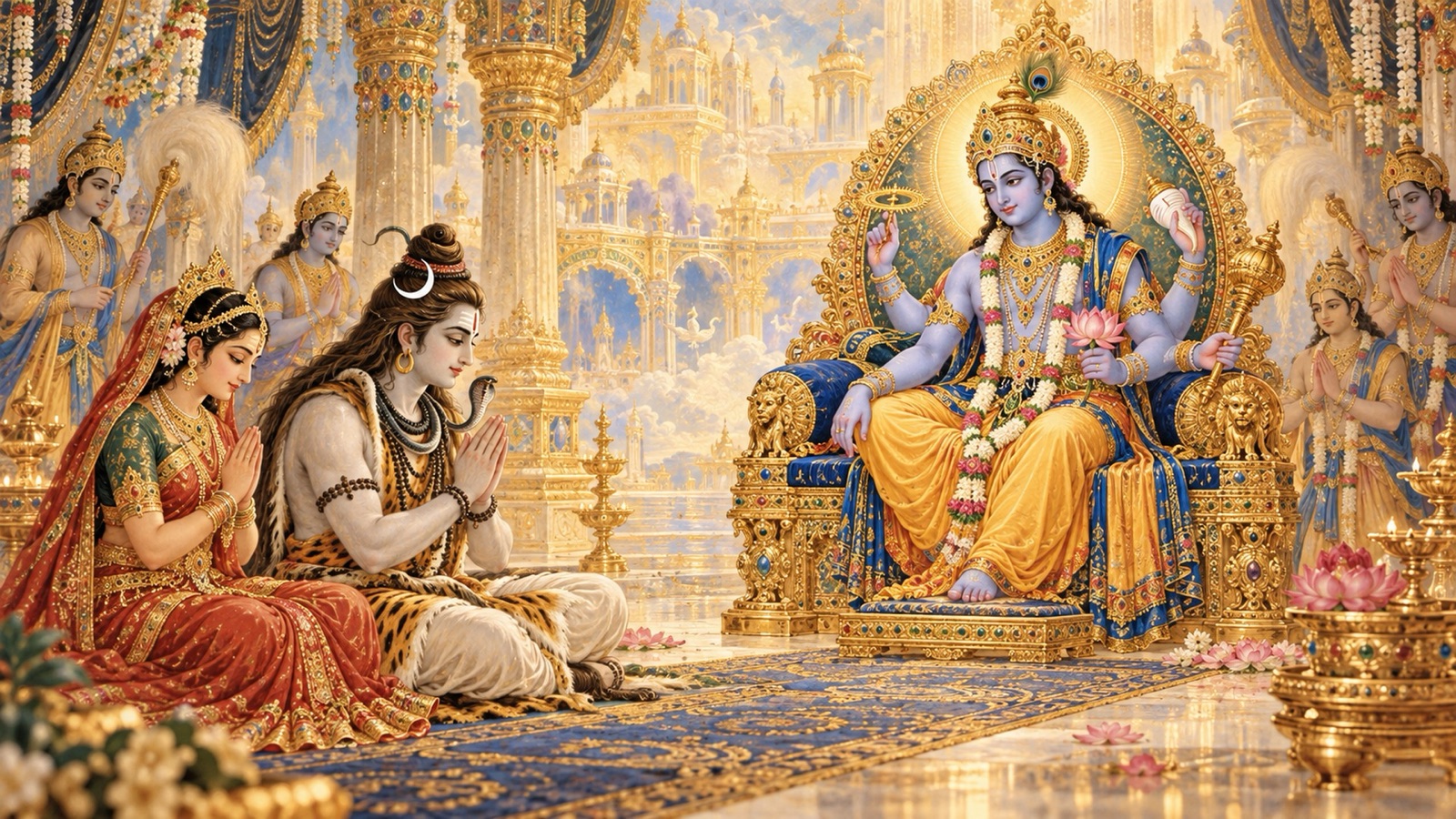 भगवान शिव देवी पार्वती सहित वैकुण्ठ में भगवान विष्णु को श्रद्धापूर्वक नमन और स्तुति अर्पित करते हुए