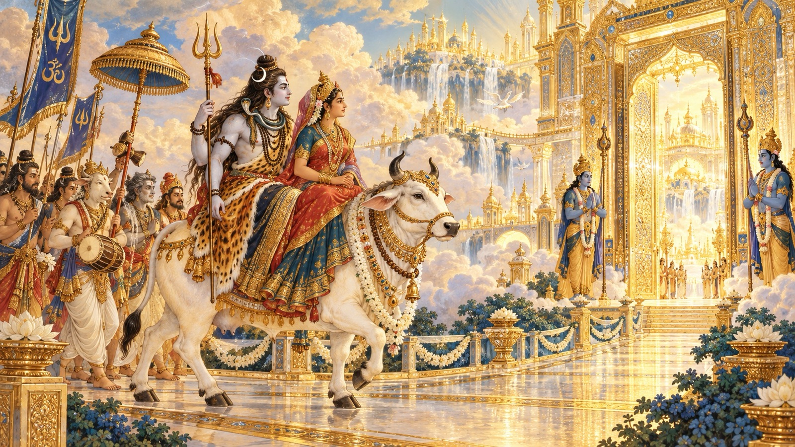 Lord Siva and Goddess Parvati arriving at Vaikuntha on the bull Nandi with their retinue