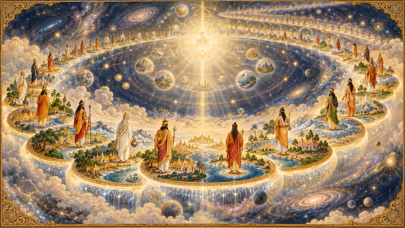 The vast wheel of cosmic ages with the fourteen Manus succeeding one another across time