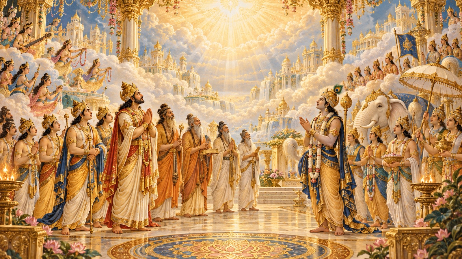 The Manu, sages, Indra, and gods carrying out their duties under the command of the Supreme Person