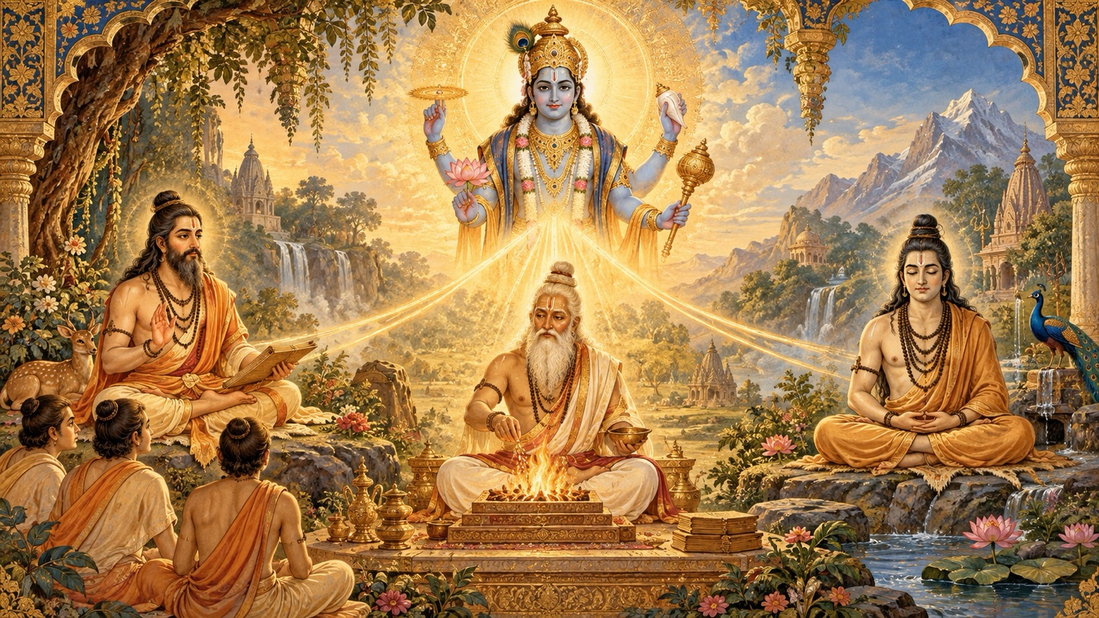 The Lord appearing in many forms as perfected beings, sages, and masters of yoga to guide the world