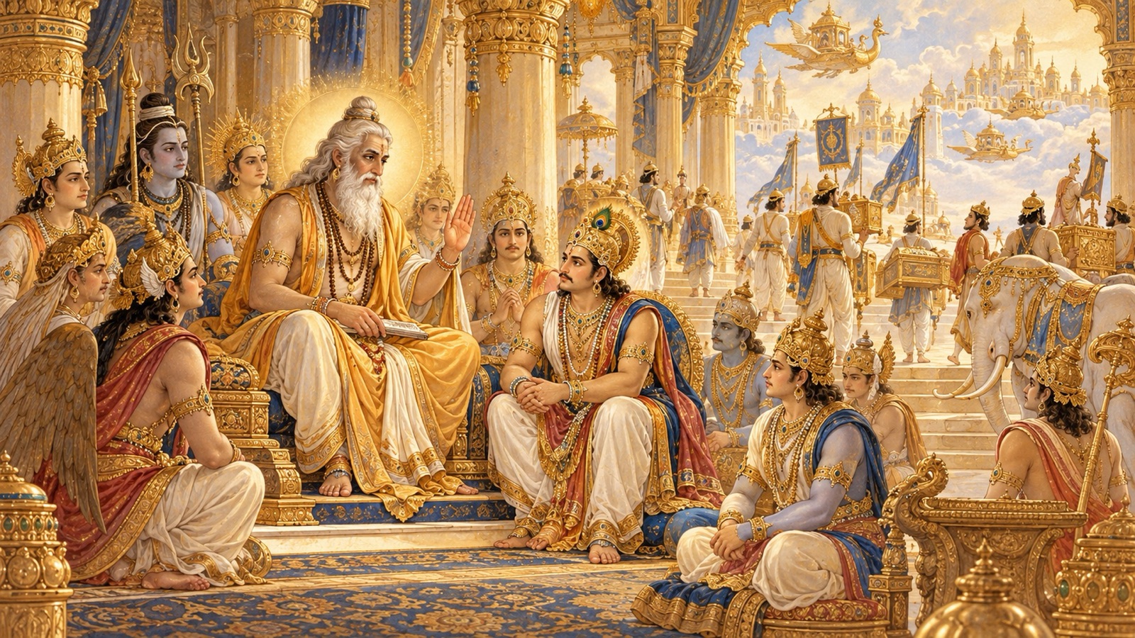 इन्द्र अपने गुरु बृहस्पति से परामर्श करते हुए, जबकि देवता स्वर्ग छोड़ने की तैयारी करते हुए