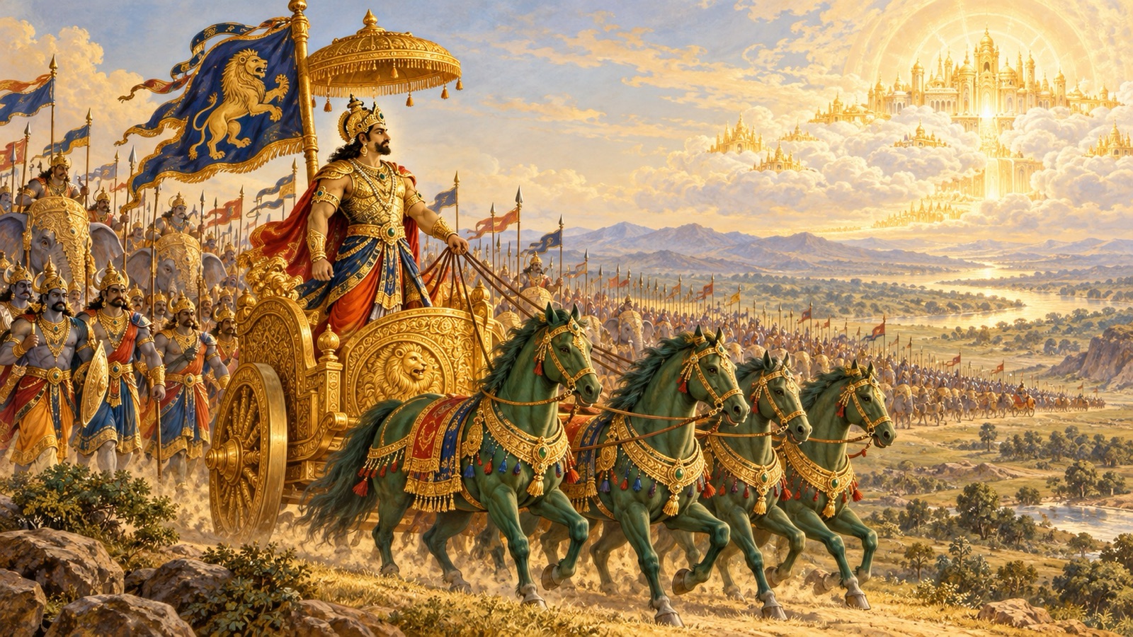 असुरराज बली अपने स्वर्ण रथ पर अपनी सेना को स्वर्ग की दिव्य नगरी की ओर ले जाते हुए