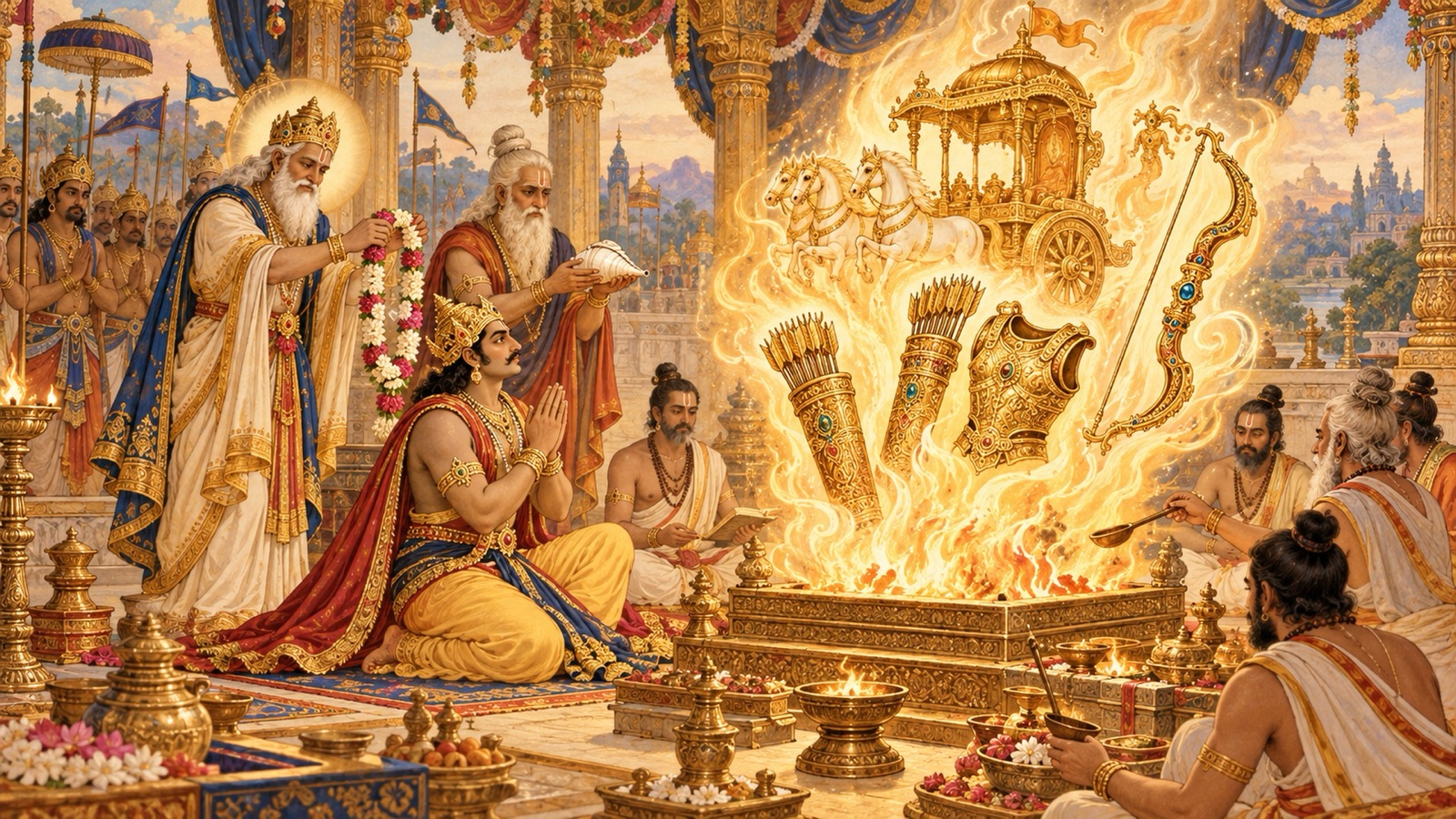 Bali performing the Vishvajit sacrifice as celestial chariot and weapons arise from the sacred fire