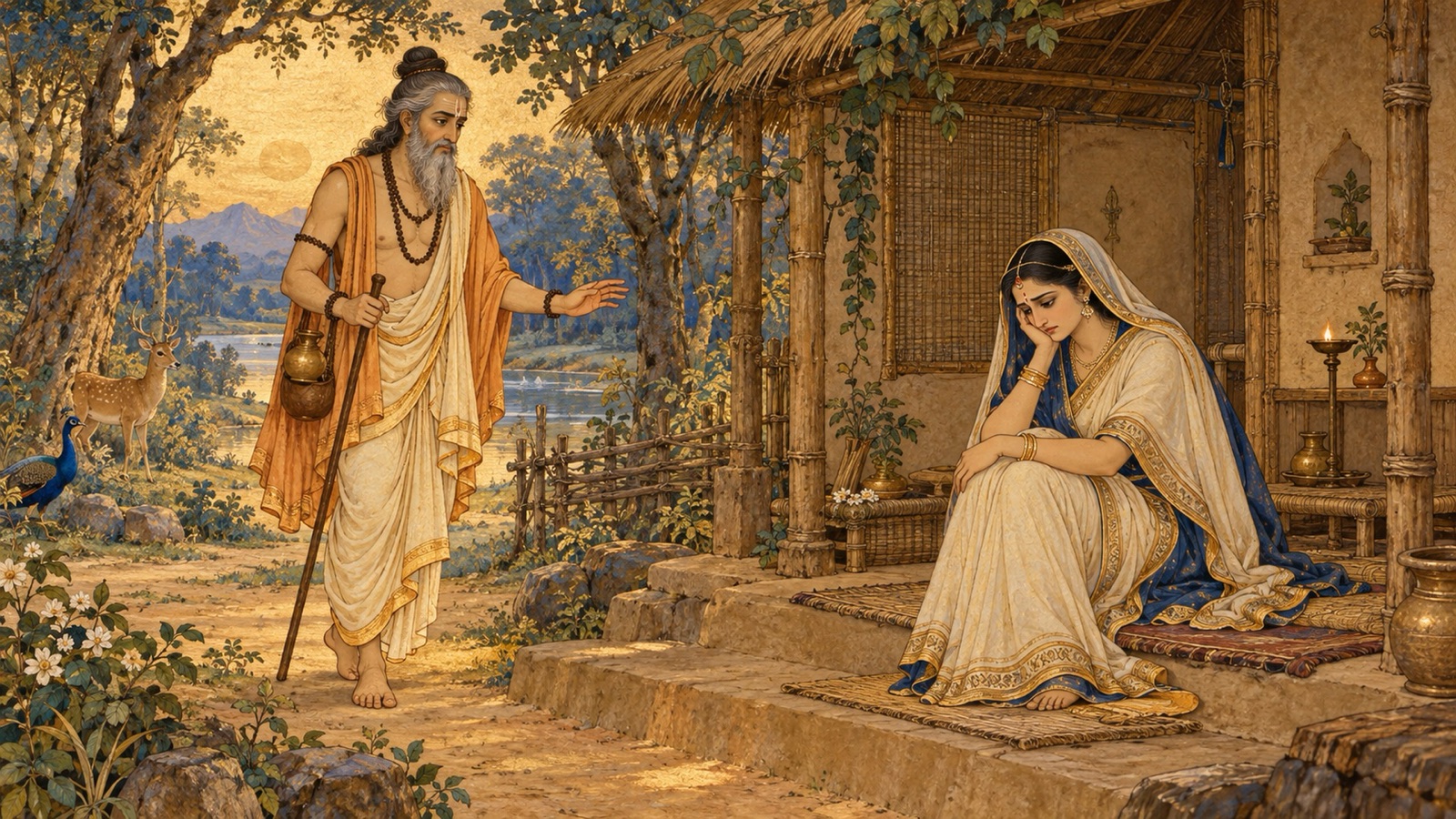 The sage Kashyapa returning to find the grieving Aditi in her joyless hermitage