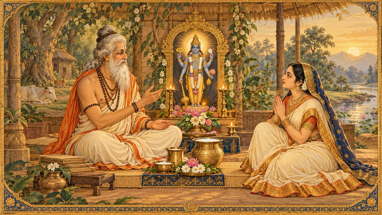 The sage Kashyapa teaching Aditi the sacred Payovrata vow of devotion to Lord Vishnu