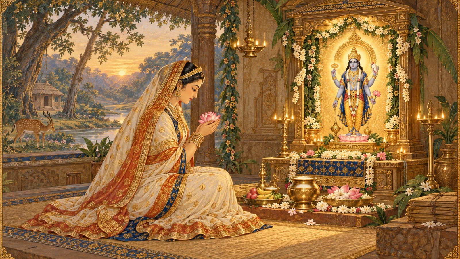 Aditi observing the Payovrata vow with worship of Lord Vishnu and offerings
