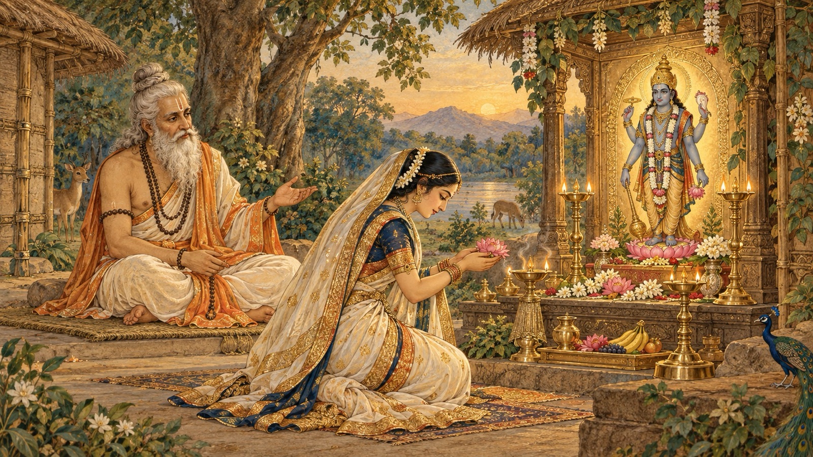 Aditi worshipping Lord Vishnu with devotion as the sage Kashyapa teaches her the sacred vow