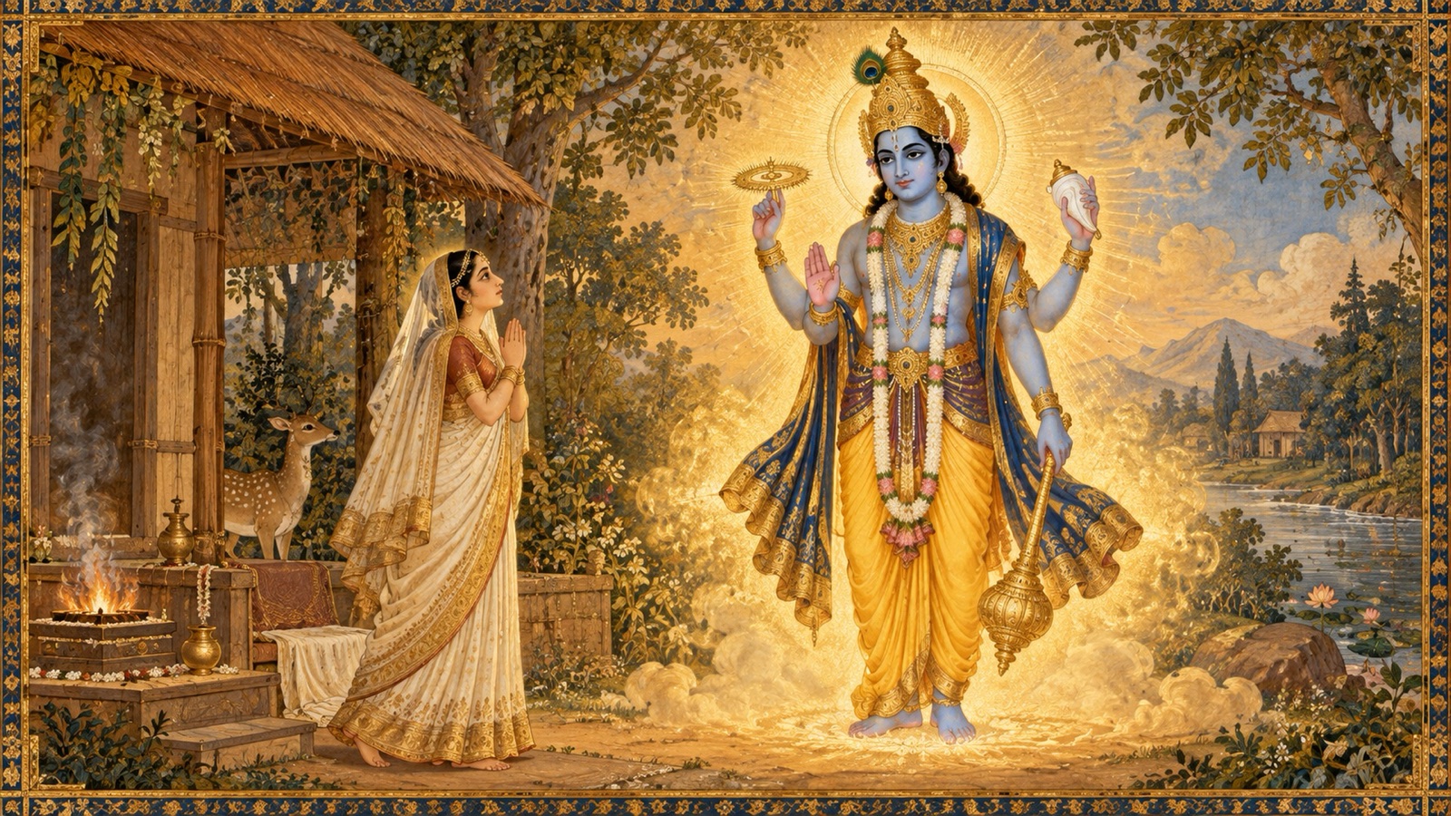 अदिति के व्रत की समाप्ति पर चतुर्भुज परम भगवान सहसा उसके समक्ष प्रकट होते हुए