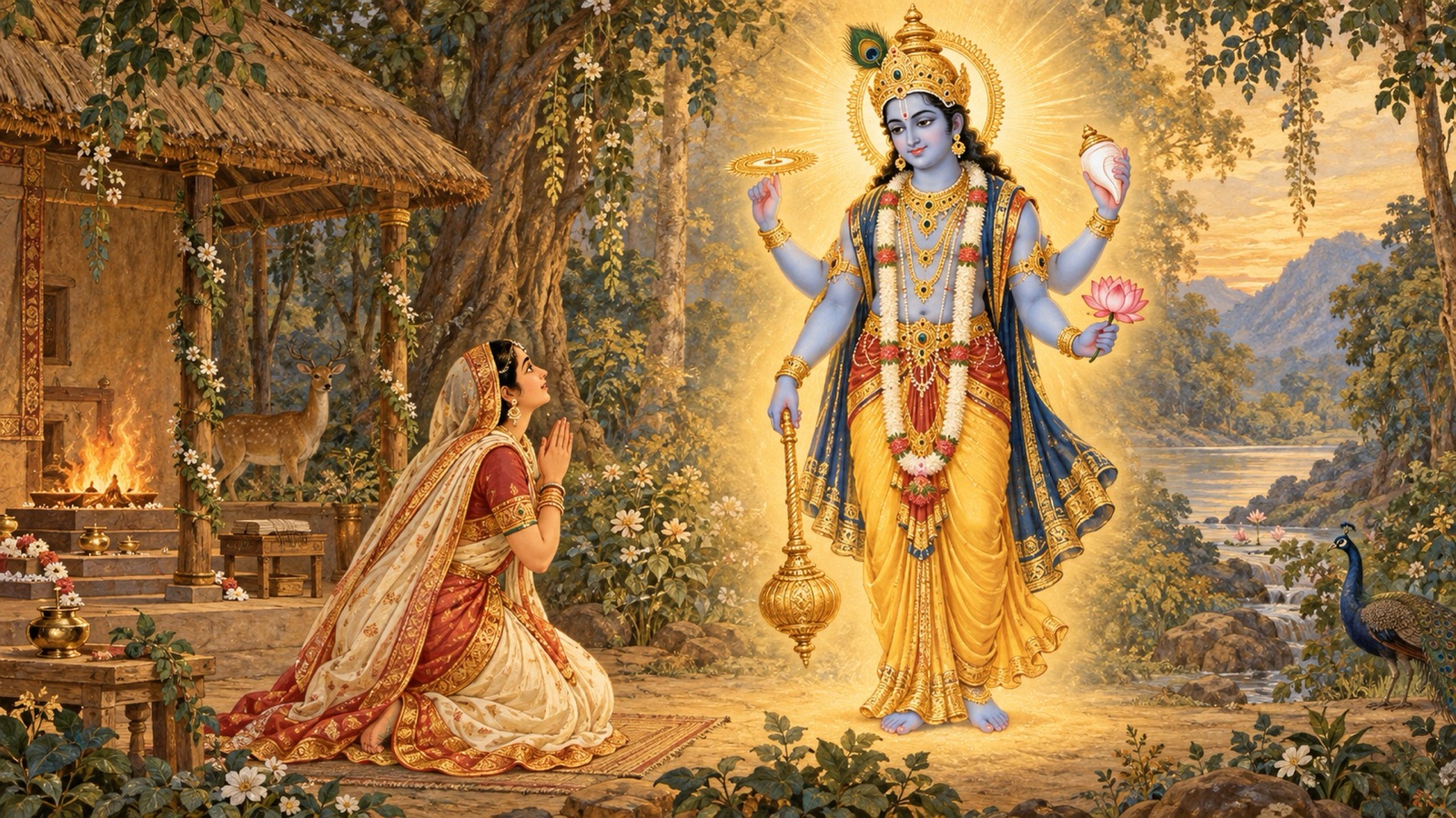 अदिति के व्रत के अन्त में चतुर्भुज परम भगवान उसके समक्ष प्रकट होते हुए
