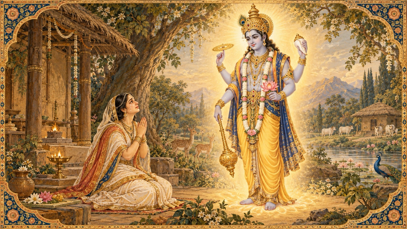 Aditi with folded palms offering a heartfelt prayer to the Lord, overwhelmed with joy