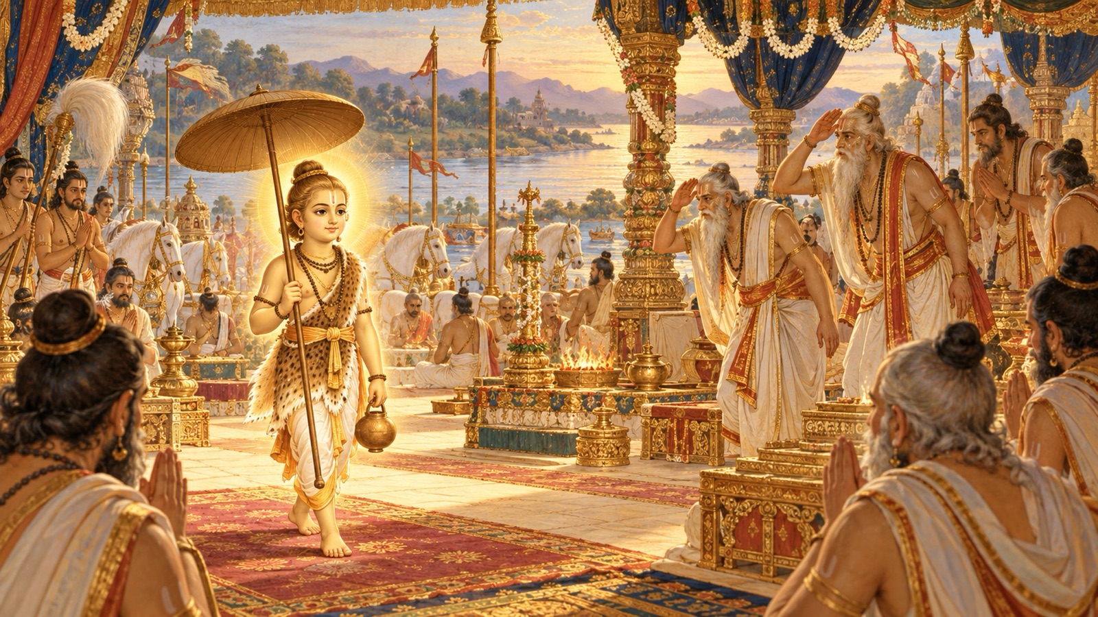 छोटे ब्राह्मण बालक भगवान वामन भृगुकच्छ में बली के अश्वमेध यज्ञ में प्रवेश करते हुए