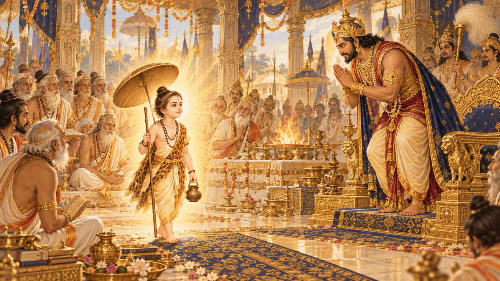 छोटे ब्राह्मण बालक वामन असुरराज बली के यज्ञ में प्रवेश करते हुए, और बली उनके स्वागत में उठते हुए