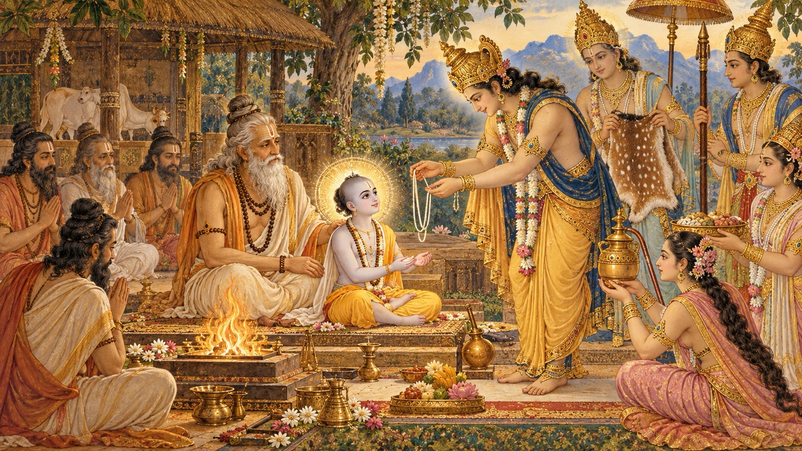 The sacred-thread ceremony of the divine boy Vamana with the gods offering their gifts