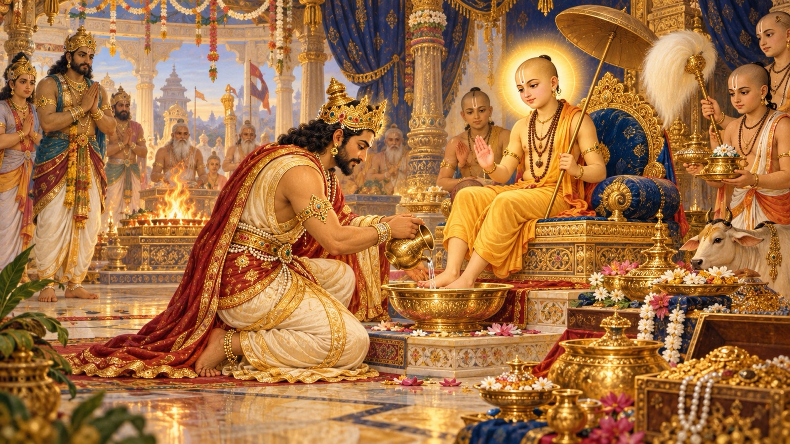 The demon king Bali washing the feet of Lord Vamana and offering Him gifts