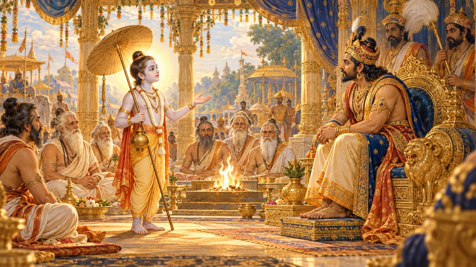 The radiant brahmana boy Vamana praising the noble lineage of the enthroned Bali