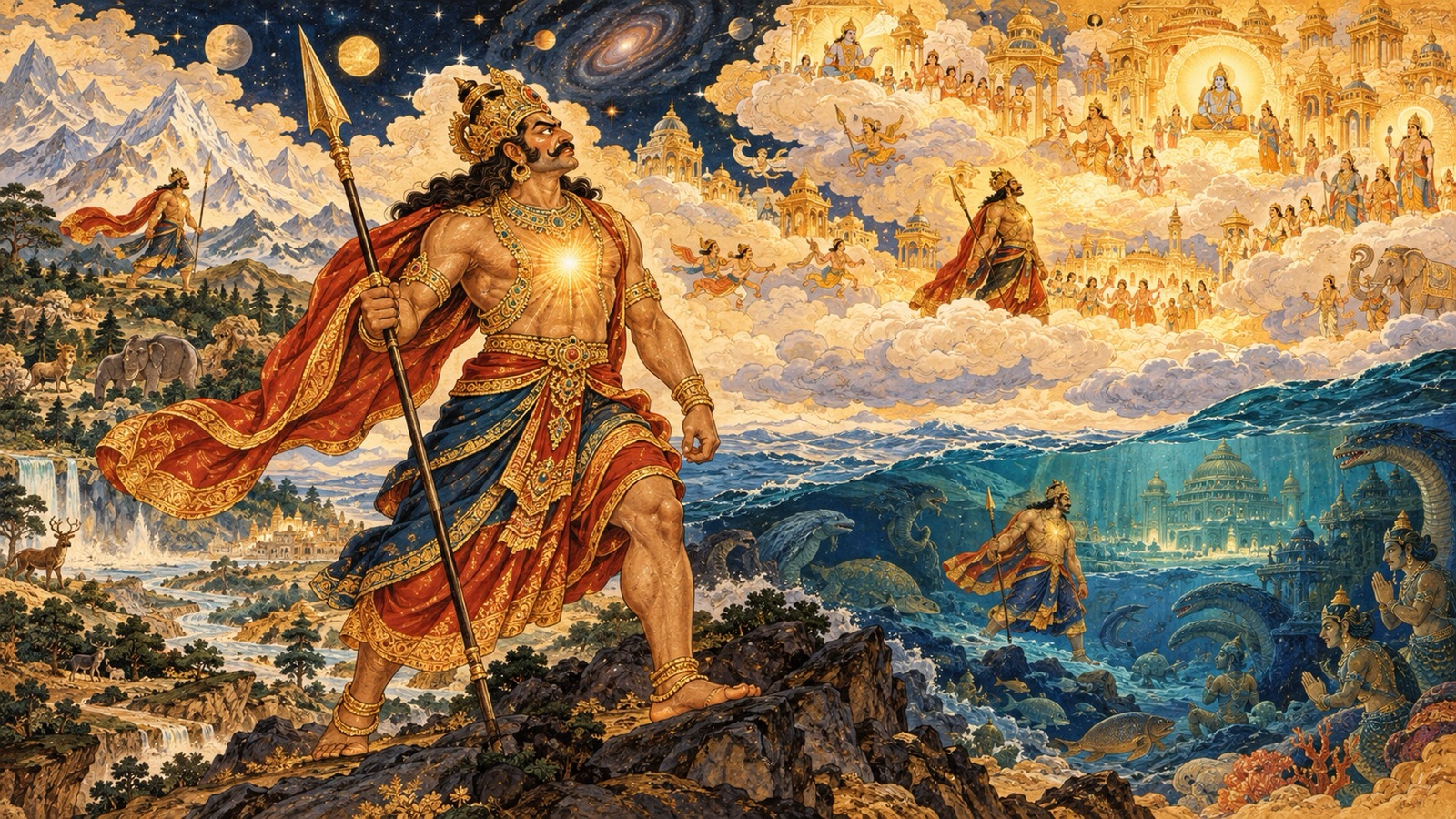 Hiranyakasipu searching the heavens and the seas for Vishnu, unaware the Lord is hidden within his own heart