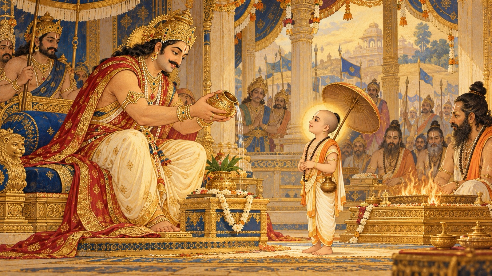 The generous Bali taking up his sacred water-pot to pledge three paces of land to the little Brahmana
